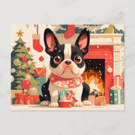 Cute French Bulldog by the Christmas Fireplace Vykort