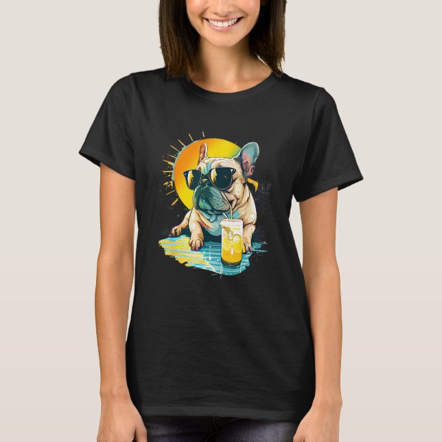 Cute French Bulldog chillin tropical drink on summ T Shirt (Framsida)