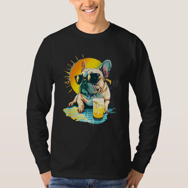 Cute French Bulldog chillin tropical drink on summ T Shirt (Framsida)