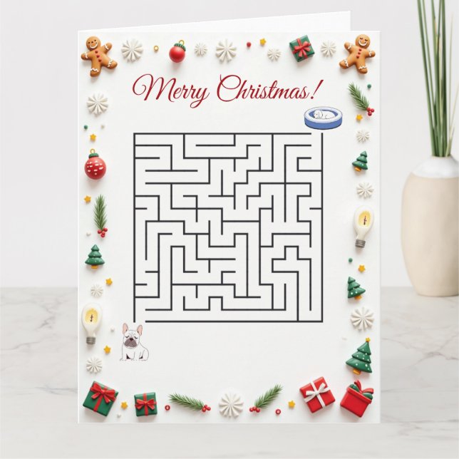 Cute French BullDog Christmas Maze Puzzle Holiday Kort (Framsida)