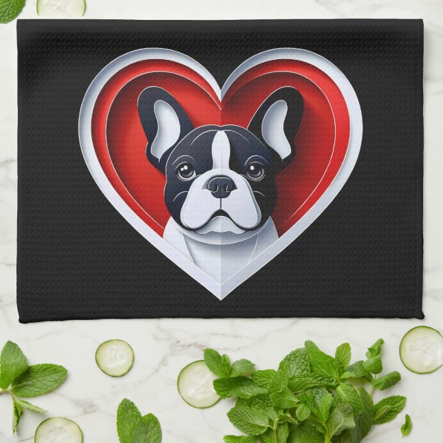 Cute French Bulldog Frenchie in Red Heart Kökshandduk (Vikta)