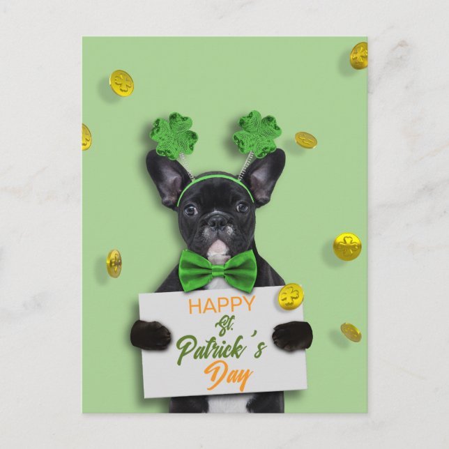 Cute French Bulldog Happy St. Patrick’s Day Clover Vykort (Framsida)