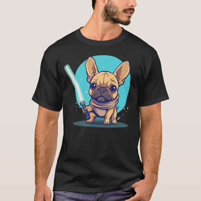 Cute Frenchie Holding Light Laser Saber Sword Dog  T Shirt (Framsida)