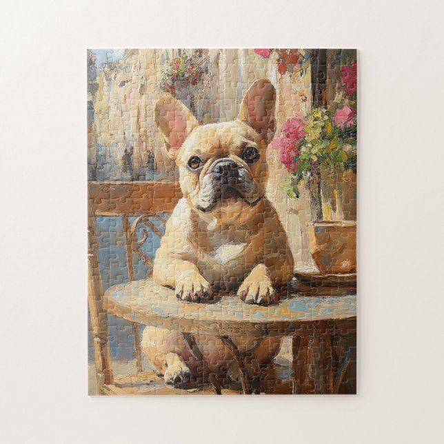 Cute Frenchie Paris Cafe Oljemålning Pussel (Vertikal)