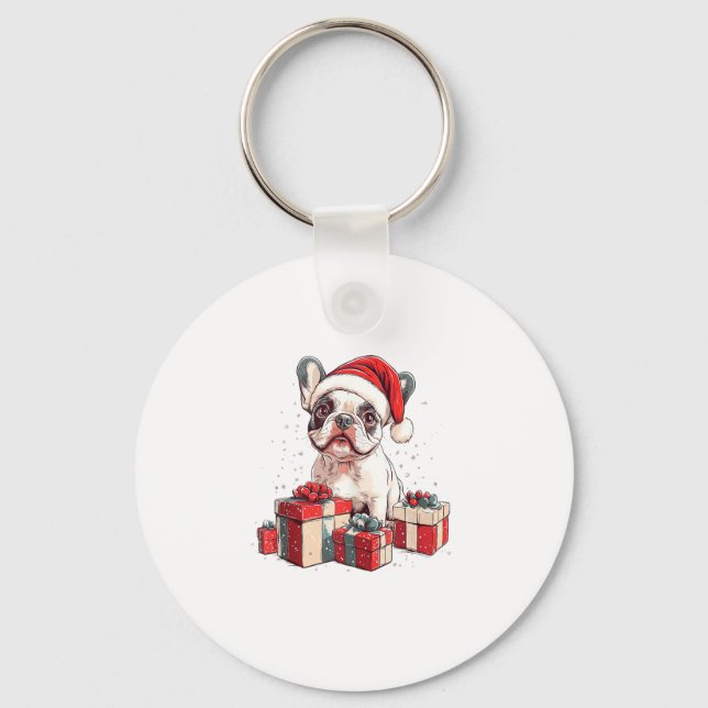Cute Frenchie Santa Hat Funny jul Fransk Bul Nyckelring (Framsida)