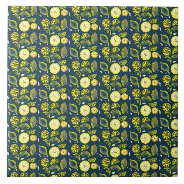 Cute Fresh Summer Lemon Citrus Doodle Gult Blue Kakelplatta (Framsidan)