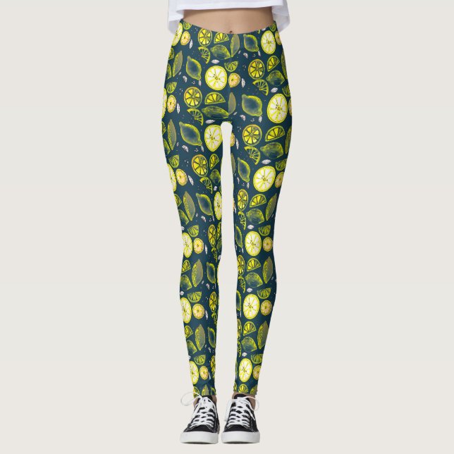 Cute Fresh Summer Lemon Citrus Doodle Gult Blue Leggings (Framsida)