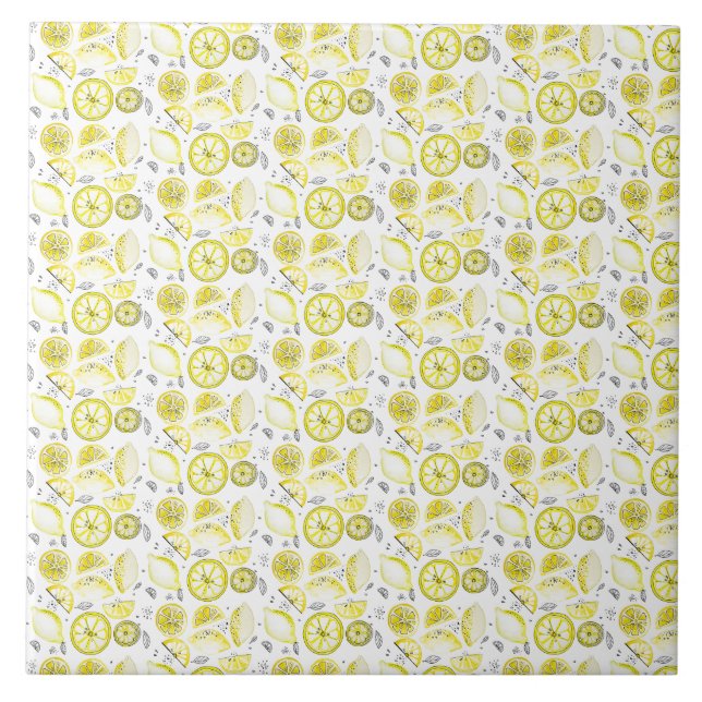 Cute Fresh Summer Lemon Citrus Doodle Gult Kakelplatta (Framsidan)