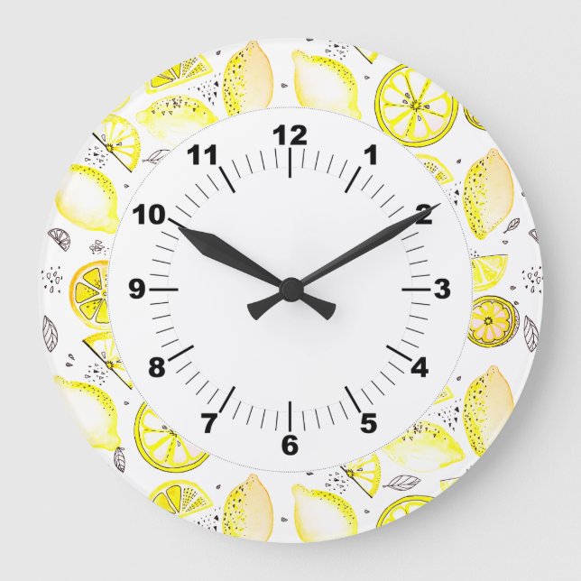 Cute Fresh Summer Lemon Citrus Doodle Gult Stor Klocka (Framsida)