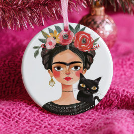 Cute Frida Kahlo& Black Cat Feline Pet Name& Photo Julgransprydnad Keramik