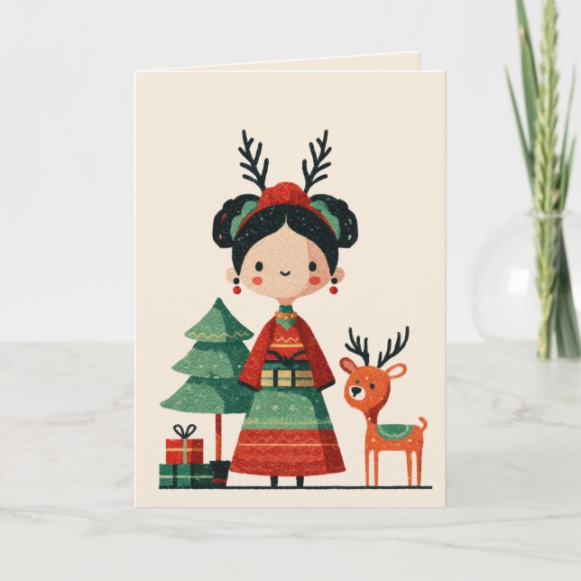 Cute Frida Kahlo Retro Minimalist God jul Kort (Framsida)