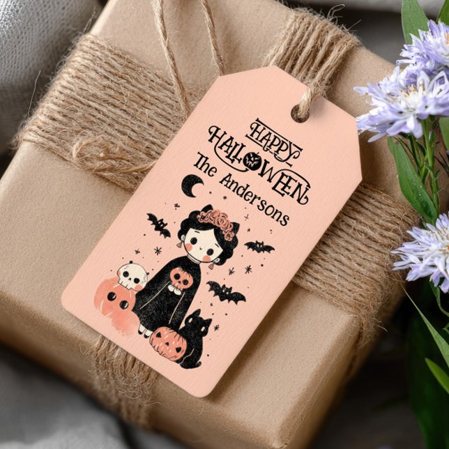 Cute Frida Kahlo Whimsical Rosa Happy halloween Presentetikett (Skapare uppladdad)
