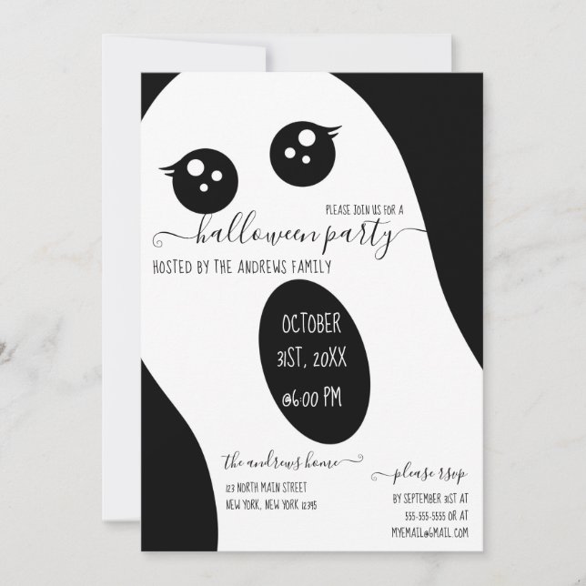 Cute Friendly Black White Ghost Halloween fest Inbjudningar (Framsida)