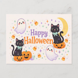 Cute Friendly Cats Ghosts Pumpkins Halloween  Helg Vykort