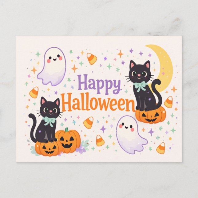 Cute Friendly Cats Ghosts Pumpkins Halloween  Helg Vykort (Framsida)