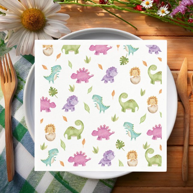 Cute Friendly Dinosaurs Party T-Rex Brontosaurus Pappersservett (cute friendly dinosaurs girl birthday party paper napkins serviettes colorful pink purple green)