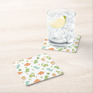 Cute Friendly Dinosaurs Party T-Rex Brontosaurus Underlägg Papper Kvadrat