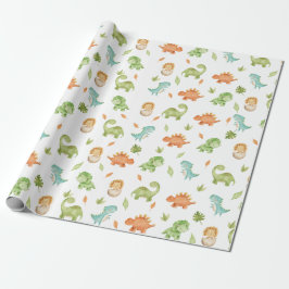 Cute Friendly Dinosaurs T-Rex Grönt Orange Blue Presentpapper