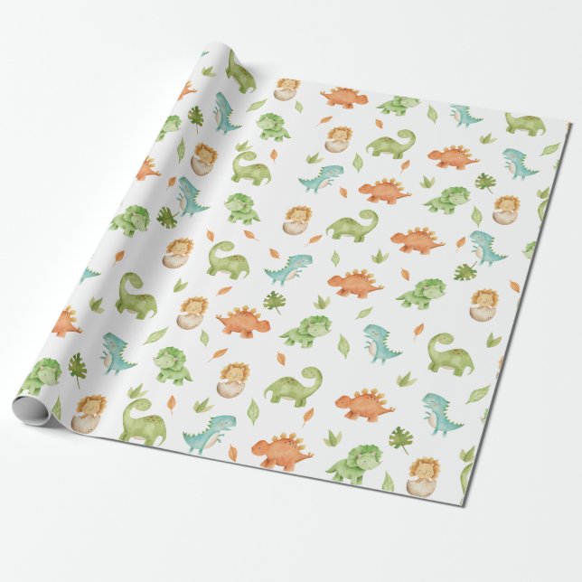 Cute Friendly Dinosaurs T-Rex Grönt Orange Blue Presentpapper (Utrullad)