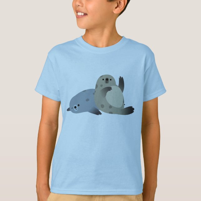 Cute Friendly Tecknad Harbour Sälar Kids T-Shirt (Framsida)