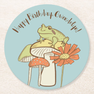 Cute Frog and Mushrum Cottagecore Personlig Underlägg Papper Rund