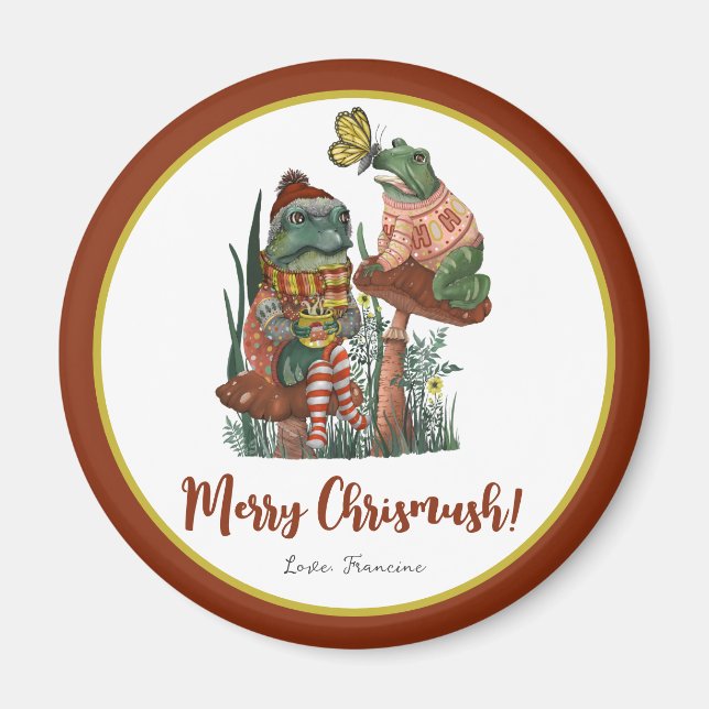 Cute Frog and Toad Merry Mushroom-julmagne Magnet (Framsidan)