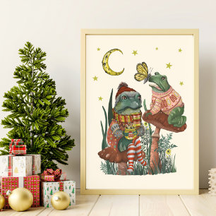 Cute Frog and Toad on Mushroom julWall Art Poster