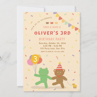 Cute Frog & Bear Birthday Party Invitation Inbjudningar