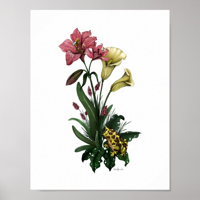 Cute Frog bland lilies Botanical Blommigt Art Poster (Framsidan)