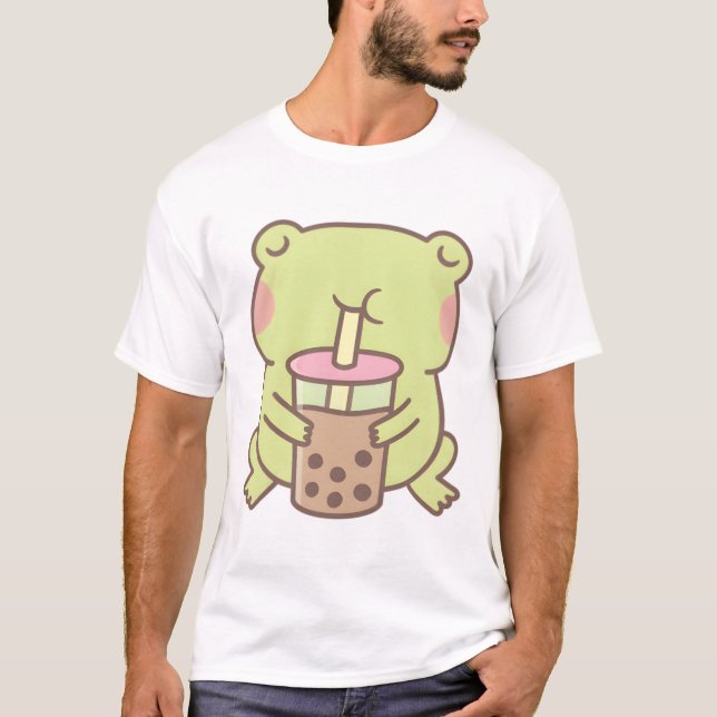 Cute Frog Drinking Boba Bubble Tea T Shirt (Framsida)