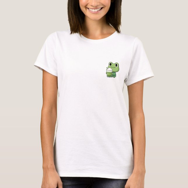 Cute Frog Drinking Matcha Latte Cartoon Character T Shirt (Framsida)