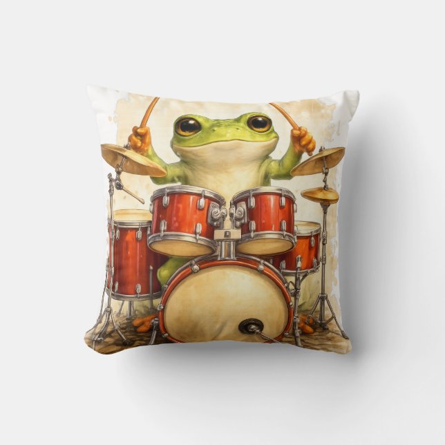 Cute Frog Drummer Throw Pillow – Fun Decor Kudde (Framsida)
