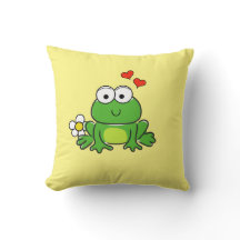 Cute Frog Flower och Hearts Gult Dekorativ kudde