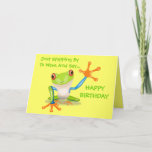 Cute Frog Funny Animal Kids Grattis på födelsedage Kort<br><div class="desc">Kort för hälsning av jacklåda, groddjur med Grattis på födelsedagen-kort. Sätt er egen särprägel på den: Behålla som den är, eller Ändra eller ta bort text. Denna färgstarka grönt, blåa och orange tecknad groda viftar med sin stora hand och säger Grattis på födelsedagen. På insidan upprepas samma bakgrund för gulten...</div>