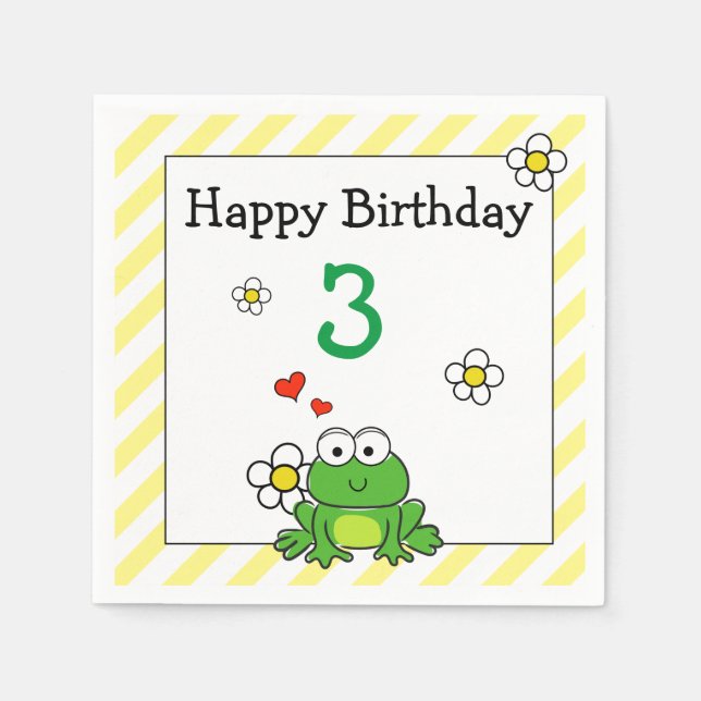 Cute Frog Gult StripeBirthday Party Pappersservett (Framsidan)
