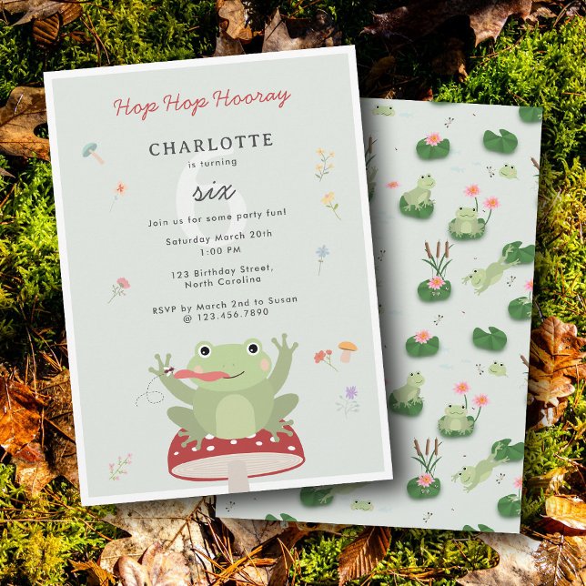 Cute Frog Hop Hop Hooray Mushroom Floral Birthday Inbjudningar (Cute Frog Hop Hop Hooray Mushroom Floral Birthday Invitation)