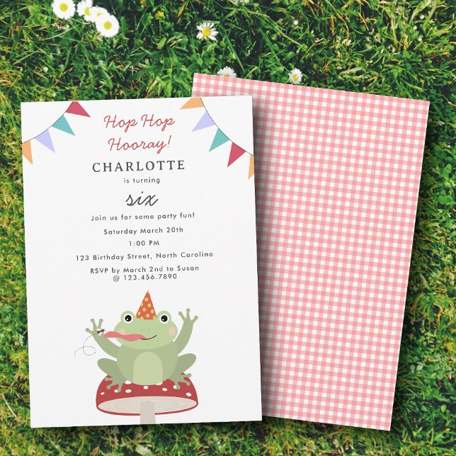 Cute Frog Hop Hop Hooray Mushroom Plaid Birthday Inbjudningar (Cute Frog Hop Hop Hooray Mushroom Plaid Birthday Invitation)