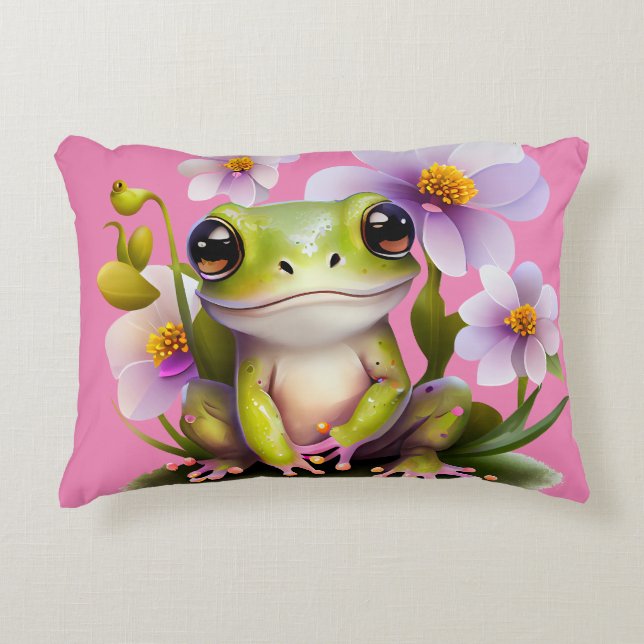 Cute Frog i Flowers Soffa Prydnadskudde (Framsidan)