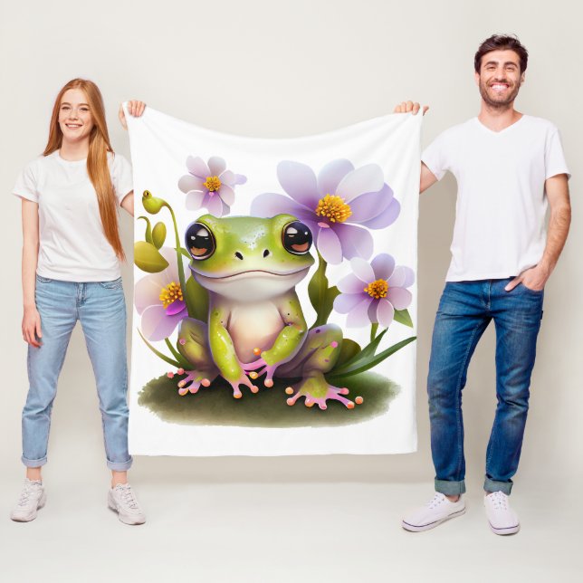 Cute Frog in Flowers Blanket Fleecefilt (På plats)