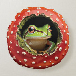 Cute Frog in Mushroom – Whimsical Cottagecore Frog Rund Kudde