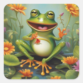 Cute Frog in Nature with Flowers Sticker Fyrkantigt Klistermärke