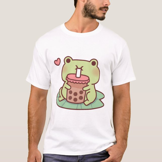 Cute Frog Kärlek som dricker Bubble Tea T Shirt (Framsida)