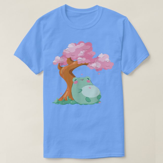 Cute Frog Kawaii Japansk Cherry Blommar Träd Saku T Shirt (Design framsida)