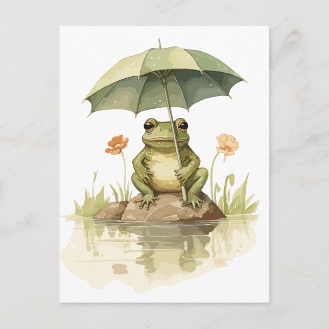 Cute Frog med paraply vid Sjö Vykort (Framsida)