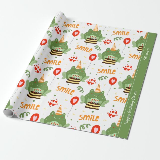 Cute Frog Mönster med sjömilstext Grattis på födel Presentpapper (Utrullad)