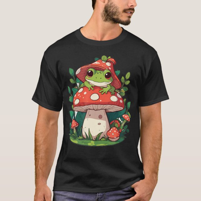 Cute Frog On Mushroom Cartoon Aesthetic T Shirt (Framsida)