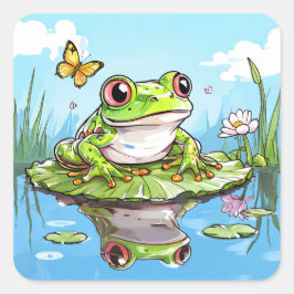 Cute Frog på en Lily Pad Cute Fyrkantigt Klistermärke