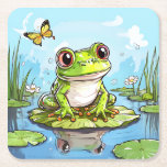 Cute Frog på en Lily Pad Cute-Personlig Underlägg Papper Kvadrat<br><div class="desc">Groda temat underlägg. Den bedrövliga toad eller groda sitta på en liljespad omgiven av fjärilar med hans reflektion i vatten. Tecknad groda i tecknad bok stil.</div>