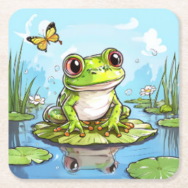 Cute Frog på en Lily Pad Cute-Personlig Underlägg Papper Kvadrat