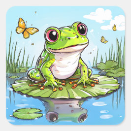 Cute Frog på en Lily Pad Fyrkantigt Klistermärke